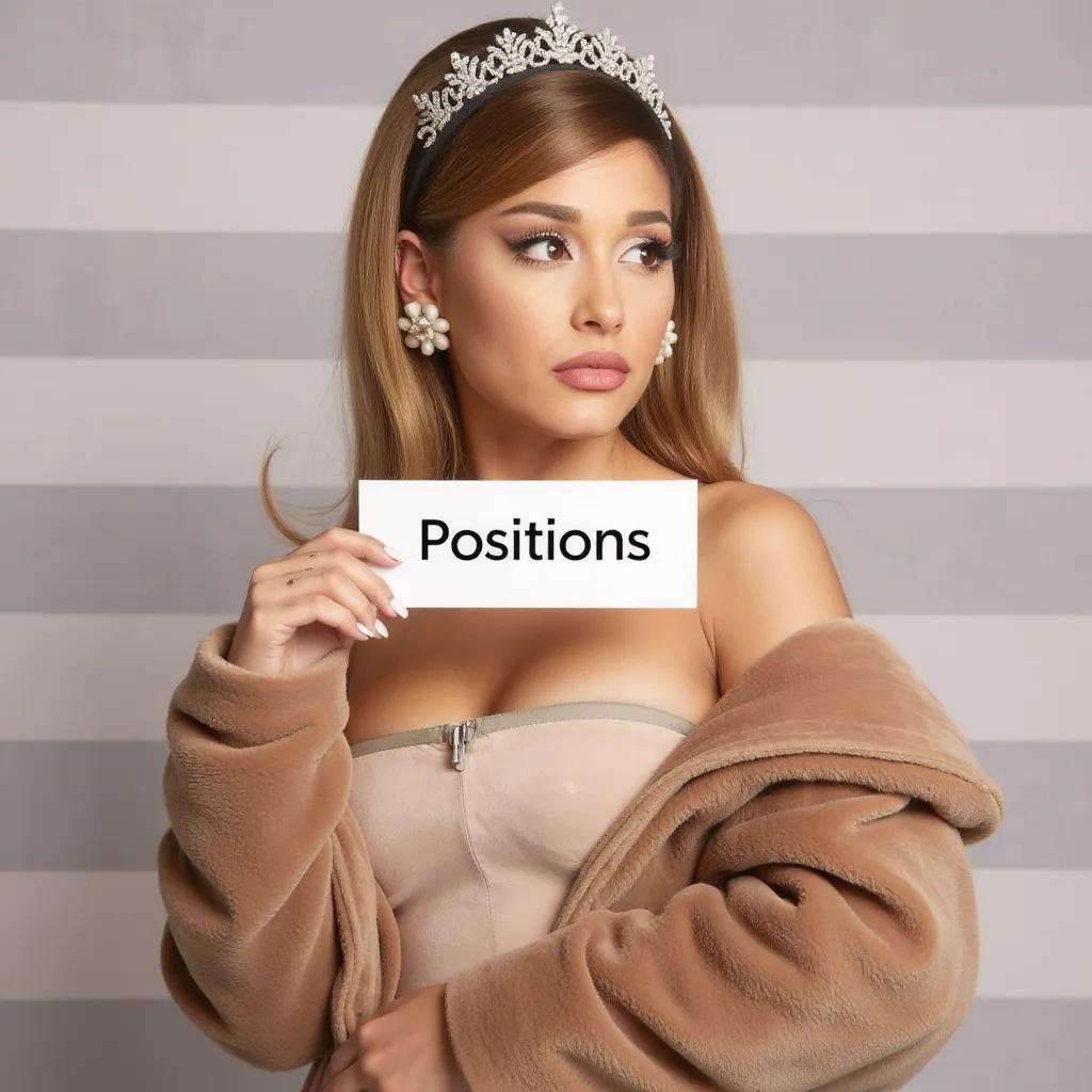 Ariana Grande, posing in front of a striped background. She is wearing a strapless dress with a fur stole draped over her shoulders and a tiara on her head. Her hair is styled in loose waves and she is looking off to the side with a serious expression on her face. In the center of the image, there is a sign that reads "Positions"