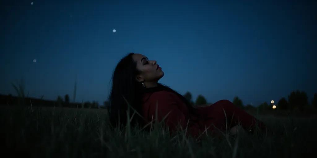 aaliyah laying on a grassy field stargazing 