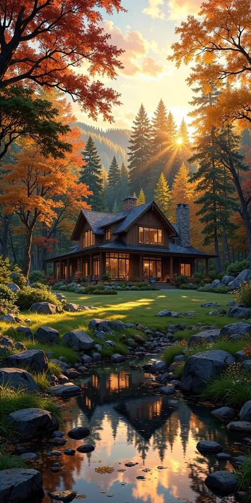 aesthetic scene of a vermont mountain forest, a modern home sits tucked away in the woods, overlooking a pond reflections, golden hour, leaves