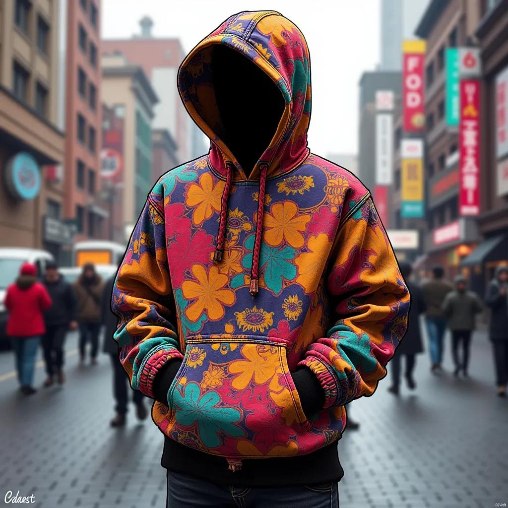 Cozy hoodie, digital illustration, modern streetwear style, influenced by Virgil Abloh and Hiroshi Fujiwara, set against a bustling urban background, studio lighting, medium shot, side view, intricate fabric details, vivid colors, 4K resolution, (stylized:1.2), (trendy:1.15).