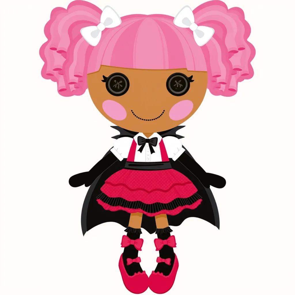 tan skinned Lalaloopsy girl with black button eyes and light pink cheeks to match her carnation-pink pigtails. Each pigtail is held by a white bow. She also wears a white dress shirt with short puffy sleeves, a red lolita dress with black frills, ribbons and bows, long black gloves and socks with red frills, ribbons and bow, red Mary Jane shoes, a vampire cape and fake vampire fangs. She is Fancy Frost 'N' Glaze and she is dressed as a vampire