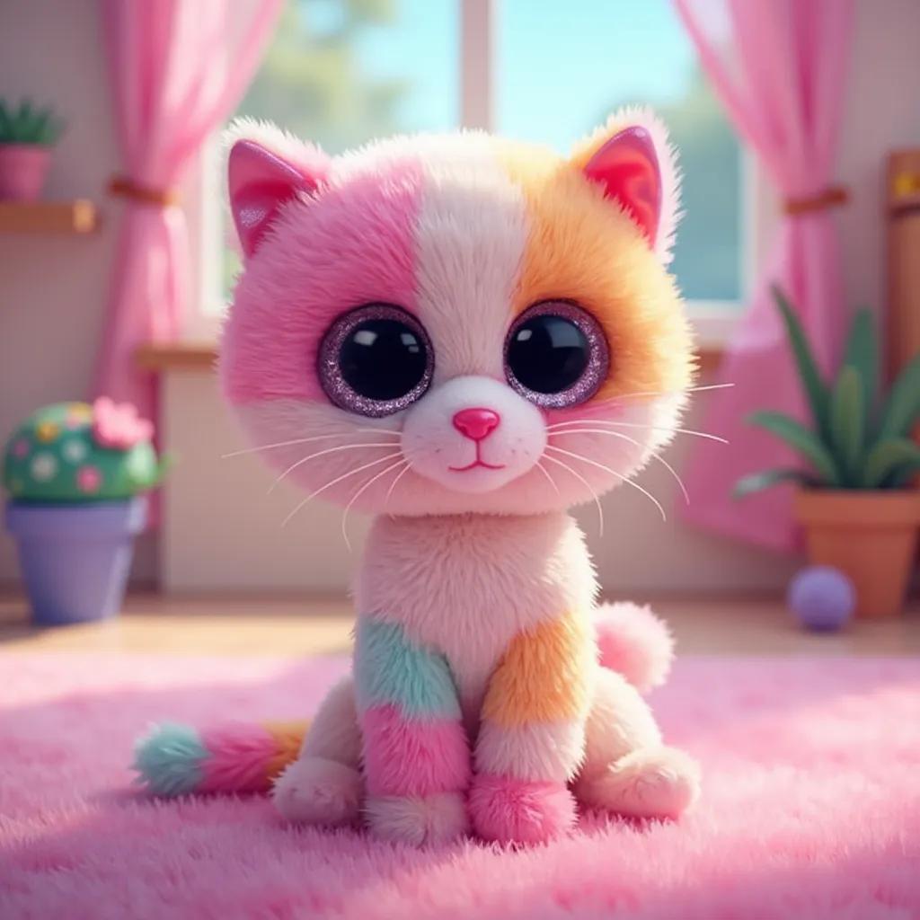 Annabelle the Cat, digital illustration, cute and colorful, Beanie Boos plush style, cartoonish, vibrant colors, inspired by animation studios like Pixar and Studio Ghibli, medium shot, soft focus, pastel colors, high resolution, detailed fur texture, ambient light, fantasy vivid colors, isometric render.