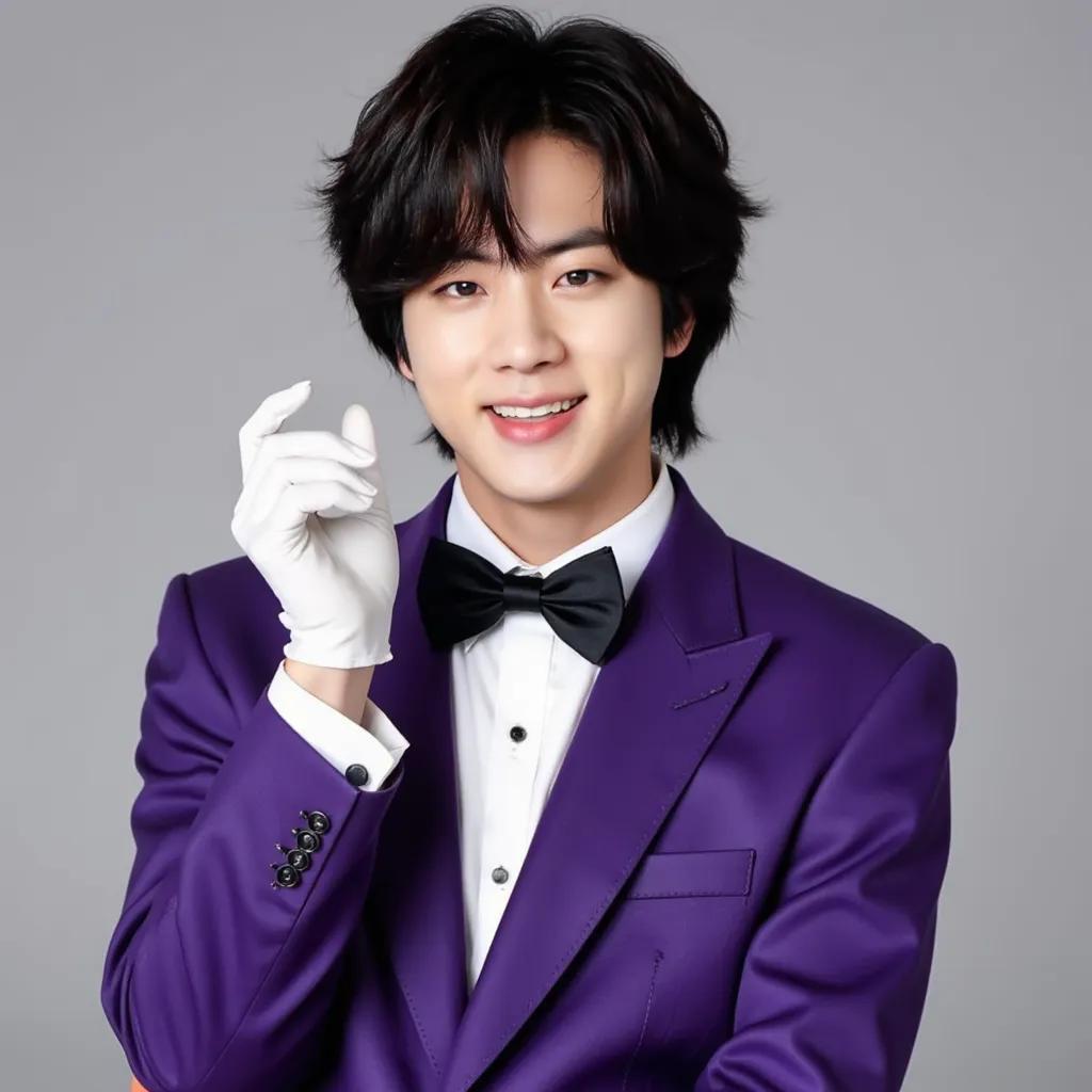 Jin Purple suit, black bow tie, black hair, white gloves