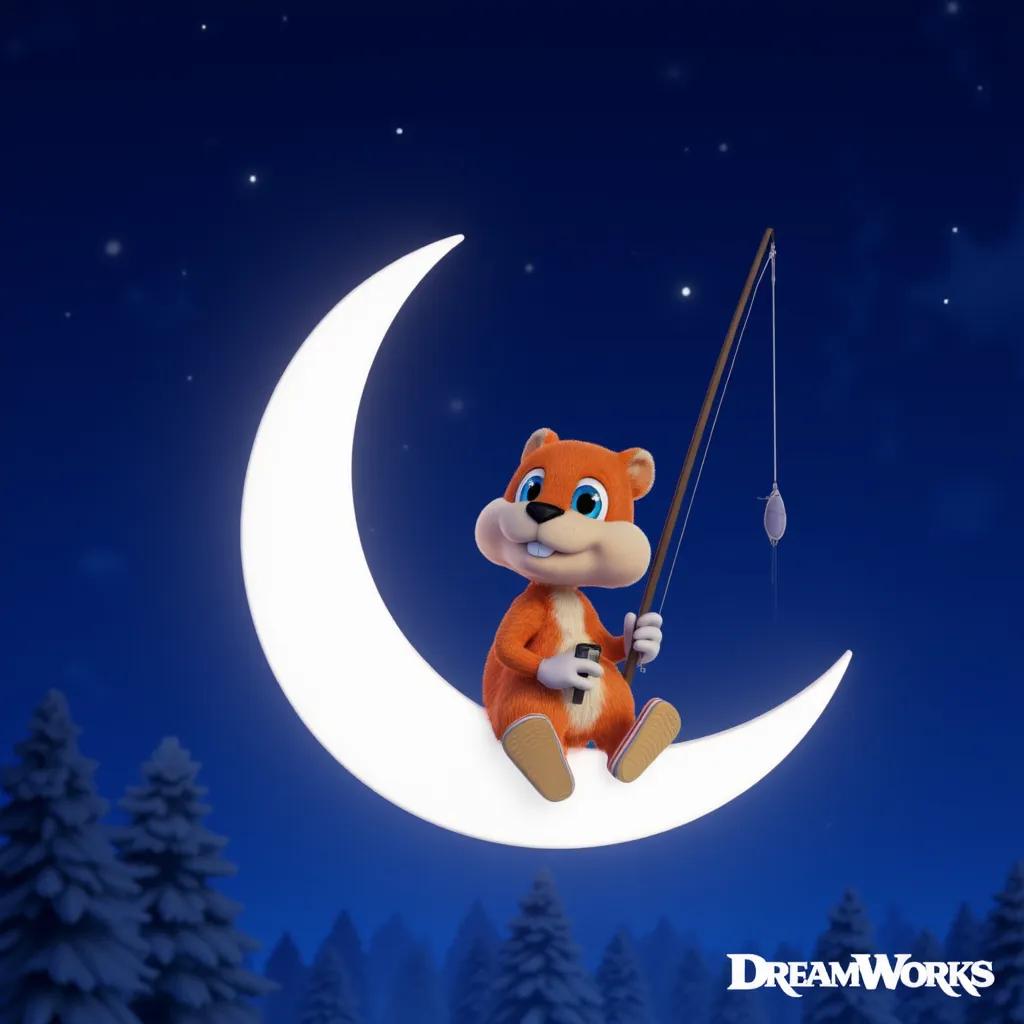 Conker the squirrel sitting on a white waning crescent moon in space, with a fishing rod in the night, dark blue background sky 3d animation based on the Dreamworks logo