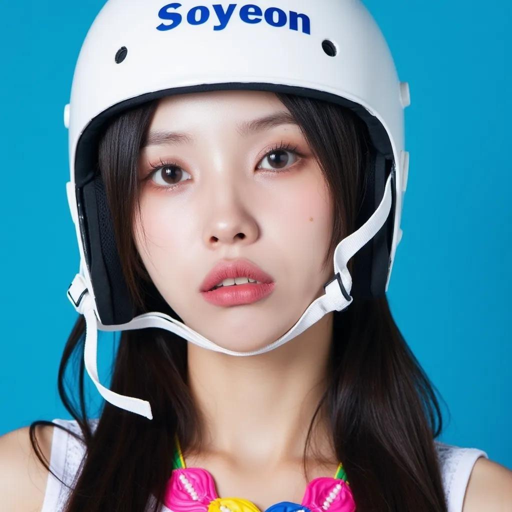 The image is a close-up portrait of a young woman wearing a white football helmet. The helmet has the word "Soyeon" written on it in blue letters. The woman has long dark hair and is wearing a colorful necklace with pink, yellow, and blue flowers. She is looking directly at the camera with a serious expression on her face. The background is a solid blue color. Photoshoot