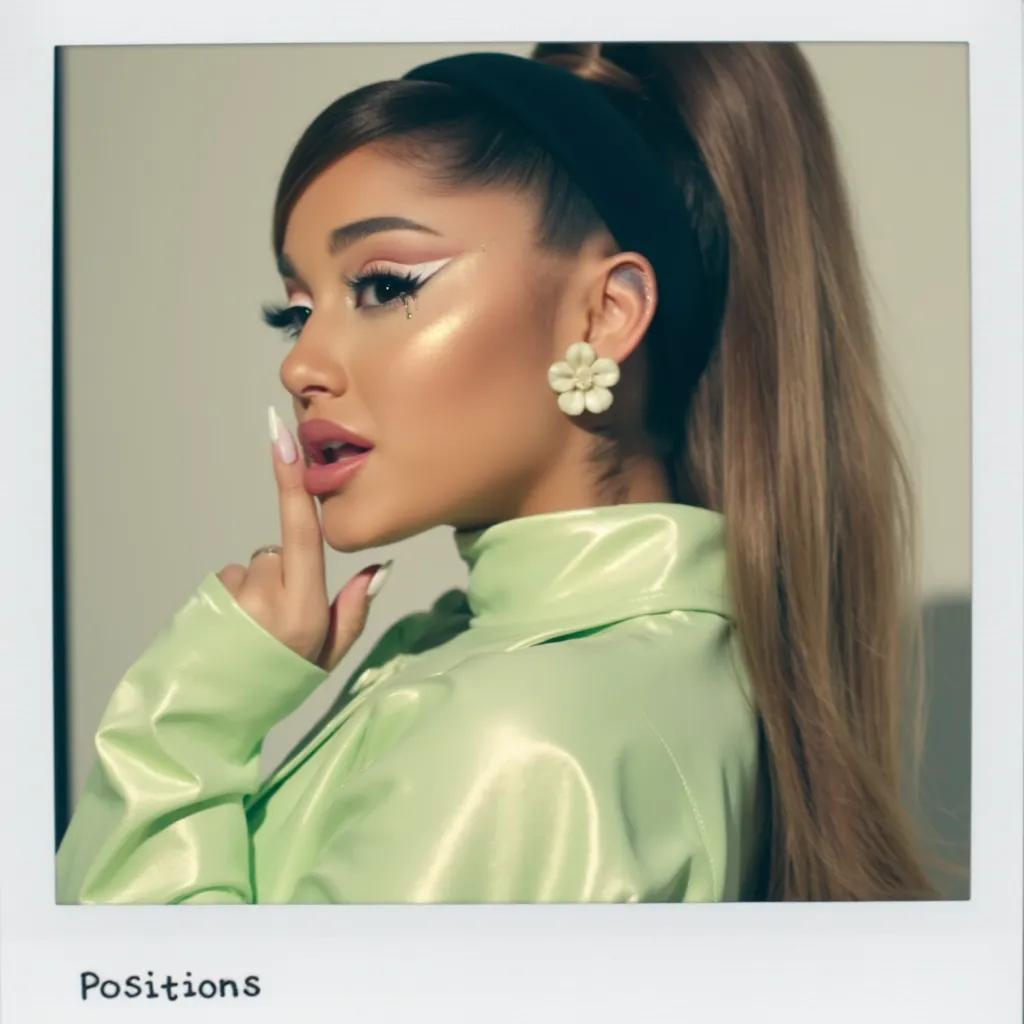 Ariana Grande Ariana Grande Ariana Grande positions album cover. Close up. fingers on mouth Looking left. Polaroid. Polaroid effect. Soft lighting. Big flower earrings. Tiny Words saying “Postions” on bottom of image in white. Small white border. White nails. Brown and white winged eyeshadow. Long eyelashes. Plump lips. Ariana Grande. Wearing head band. Hair in high ponytail with bangs combed to the side. 60s style. 60s hair. Straight volumed hair. Pastel Green long sleeve