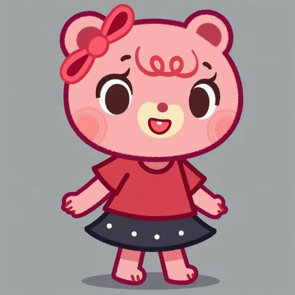 Tish is a pink bear, wearing a red bow on her head, wearing a red shirt, wearing a black skirt