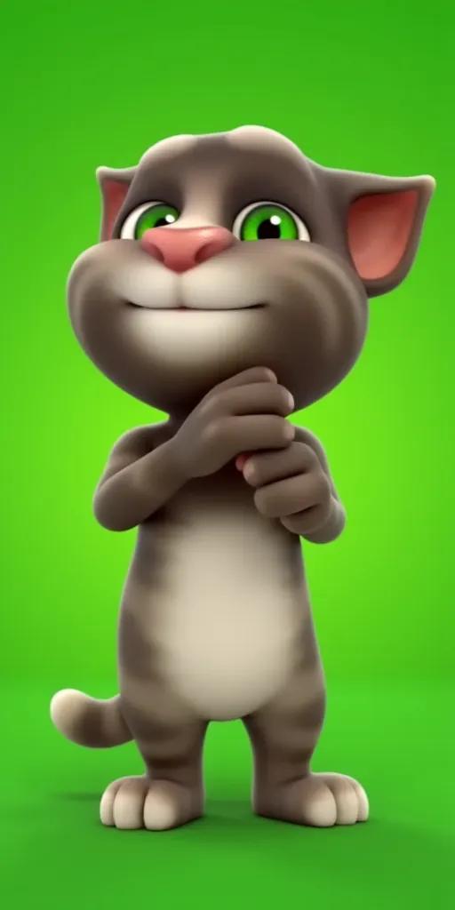 Talking Tom (2016) standing on a green background and smiling with your mouth closed