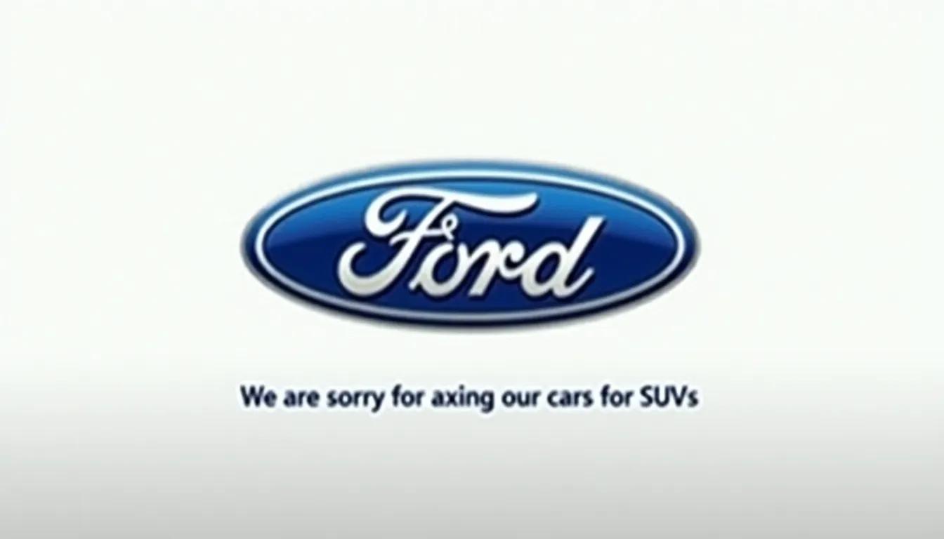 A screencap from the end of a commercial depicting the Ford logo on a white background, with the tagline of We are sorry for axing our cars for SUVs.