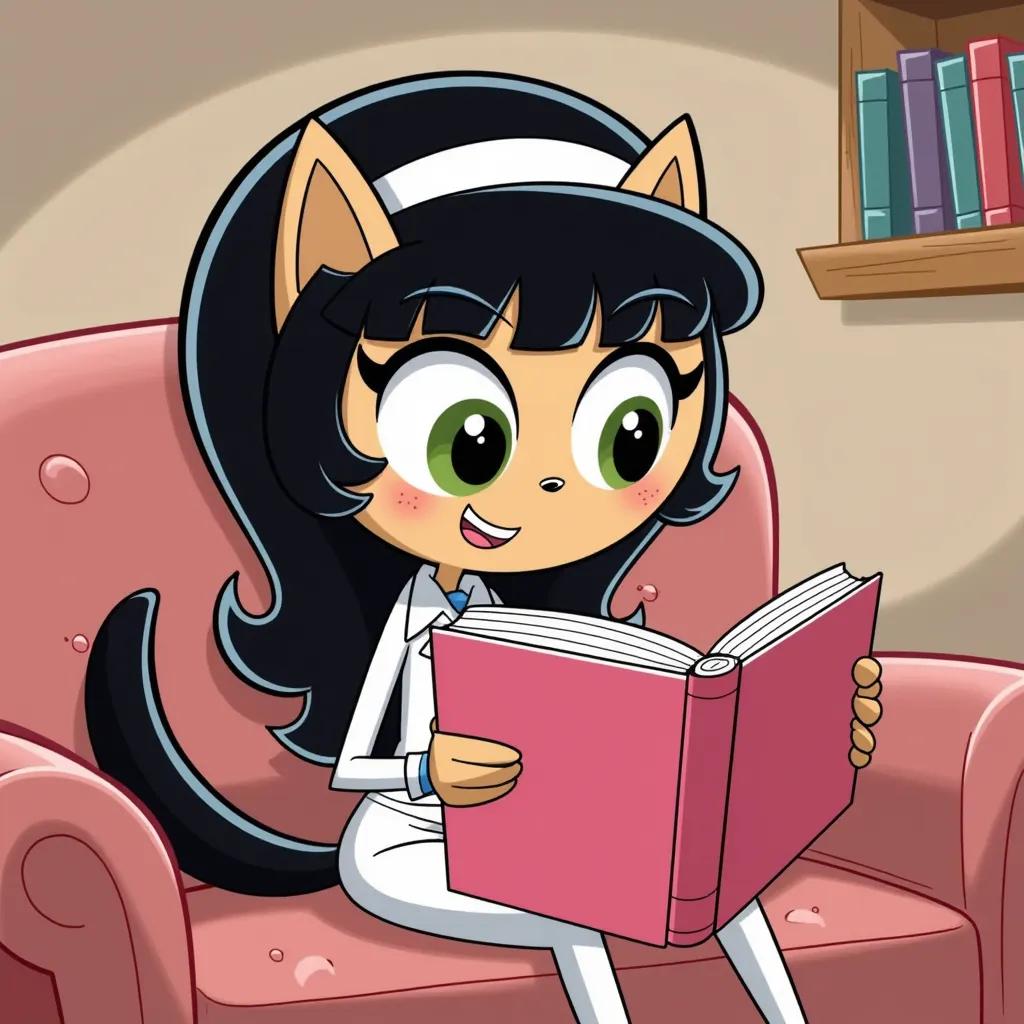 Kitty Katswell  With black hair And a white headband Reading a pink book on a couch