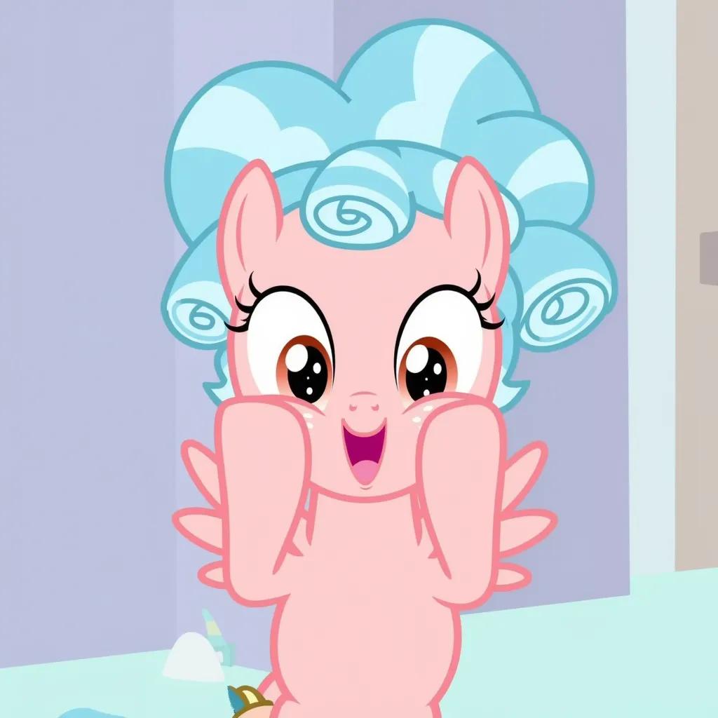 Cozy Glow is shown with an enthusiastic expression, rubbing her cheeks with her hooves. She is a pegasus filly. She has a curly blue hair and large expressive eyes. She is also pink.