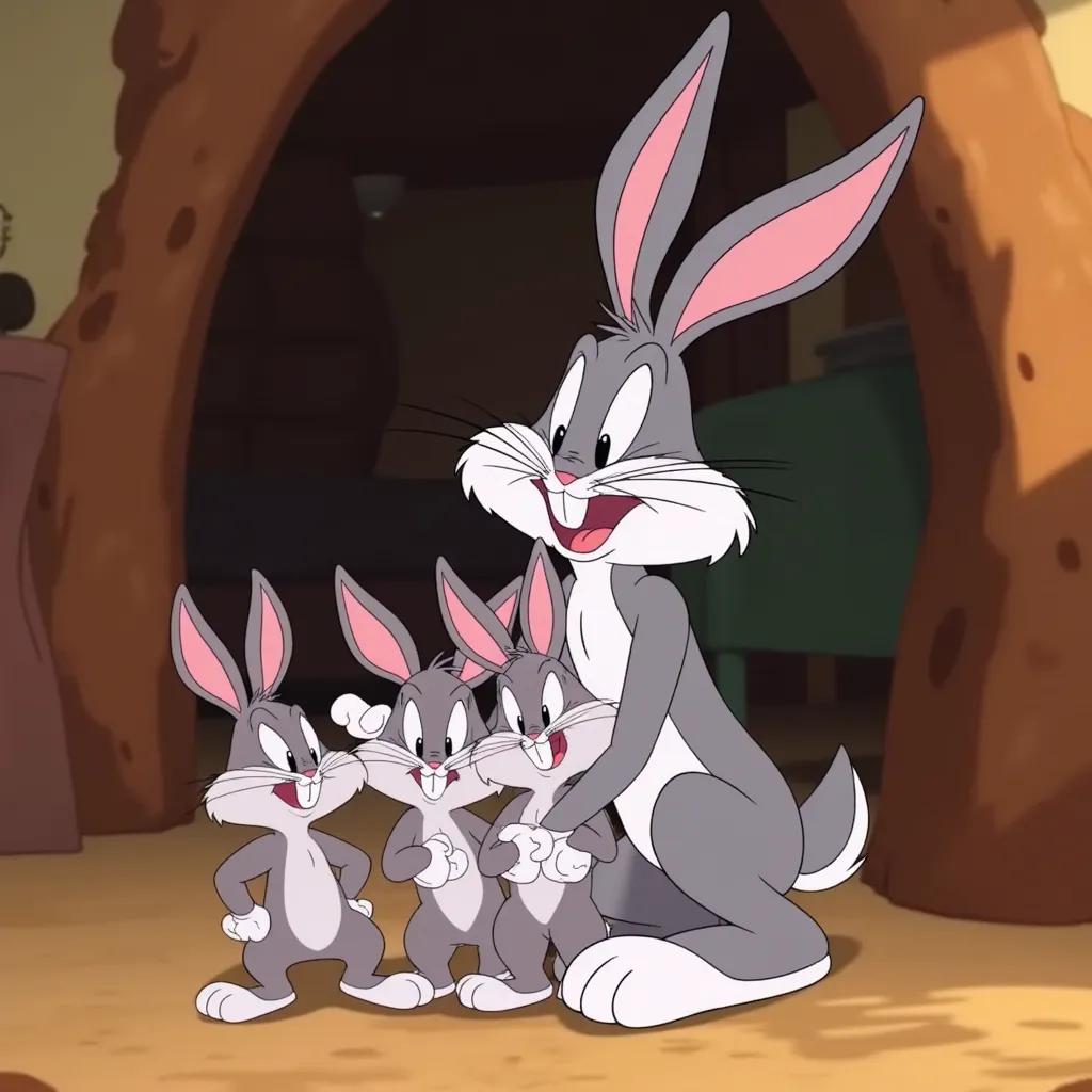 Giant Bugs Bunny holding three tiny newborn gray hares for the first time as they squirm, digital illustration, cartoon animation art style, inspired by Looney Tunes, vibrant colors, indoor setting with a cozy burrow background, medium shot, sharp focus, 4K resolution, soft lighting, warm color palette.