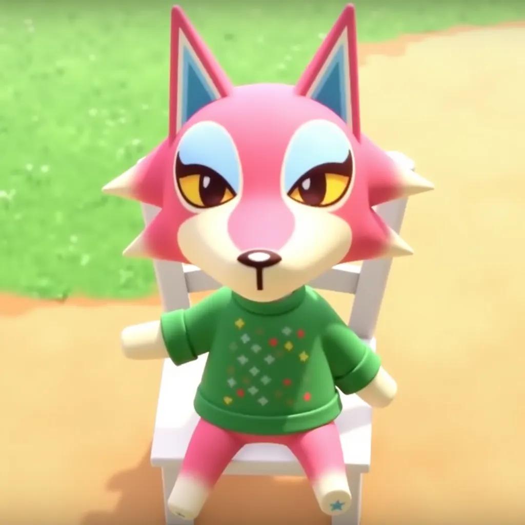 Freya from Animal Crossing sitting down on a white chair outside, Freya has pink skin, Freya is wearing Green sweater, background is a grass field.