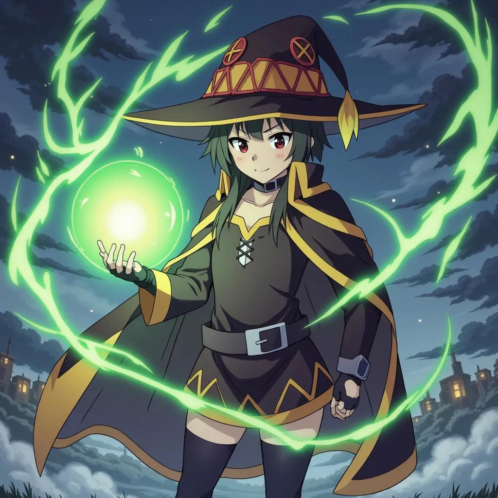 Megumin from KonoSuba as a powerful archmage holding a spellbook in one hand and a ball of green electricity in the other while surrounded by electricity and whirlwinds as storm clouds loom overhead