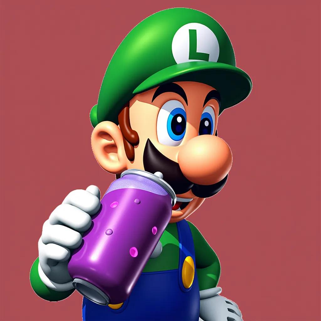 Luigi drinking a purple soda 