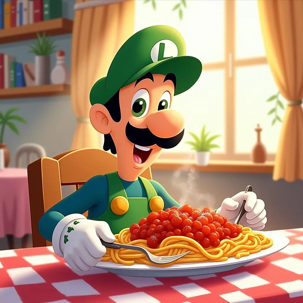 Luigi enjoying a big plate of spaghetti, Cartoon Illustration, Whimsical Art Style, Inspired by Nintendo animations, vibrant and playful colors, indoor Italian restaurant setting with checkered tablecloth, afternoon sunlight streaming in, Studio Ghibli-inspired character design, medium shot, bright colors, high detail, professional quality, (fantasy vivid colors:1.3), (artstation:1.2)