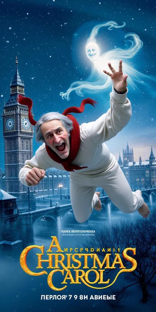 A promotional poster for Disney's film "A Christmas Carol" featuring Jim Carrey. The image depicts a startled Scrooge, in white nightwear and a red scarf, flying through a snowy London night with Big Ben in the background. A glowing spirit with a human face is seen beside him. The text is in Russian, announcing the film's release on November 19, 2009.