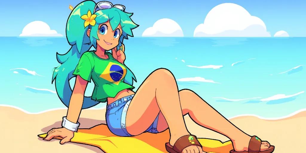 bacun_style,  girl, tan skin, green and yellow Brazil flag t shirt, jeans short, cyan hair, long pigtails, white glasses on hair, flower on hair, sandels, smile, in Brazil beach, sitting on beach towel, blue eye