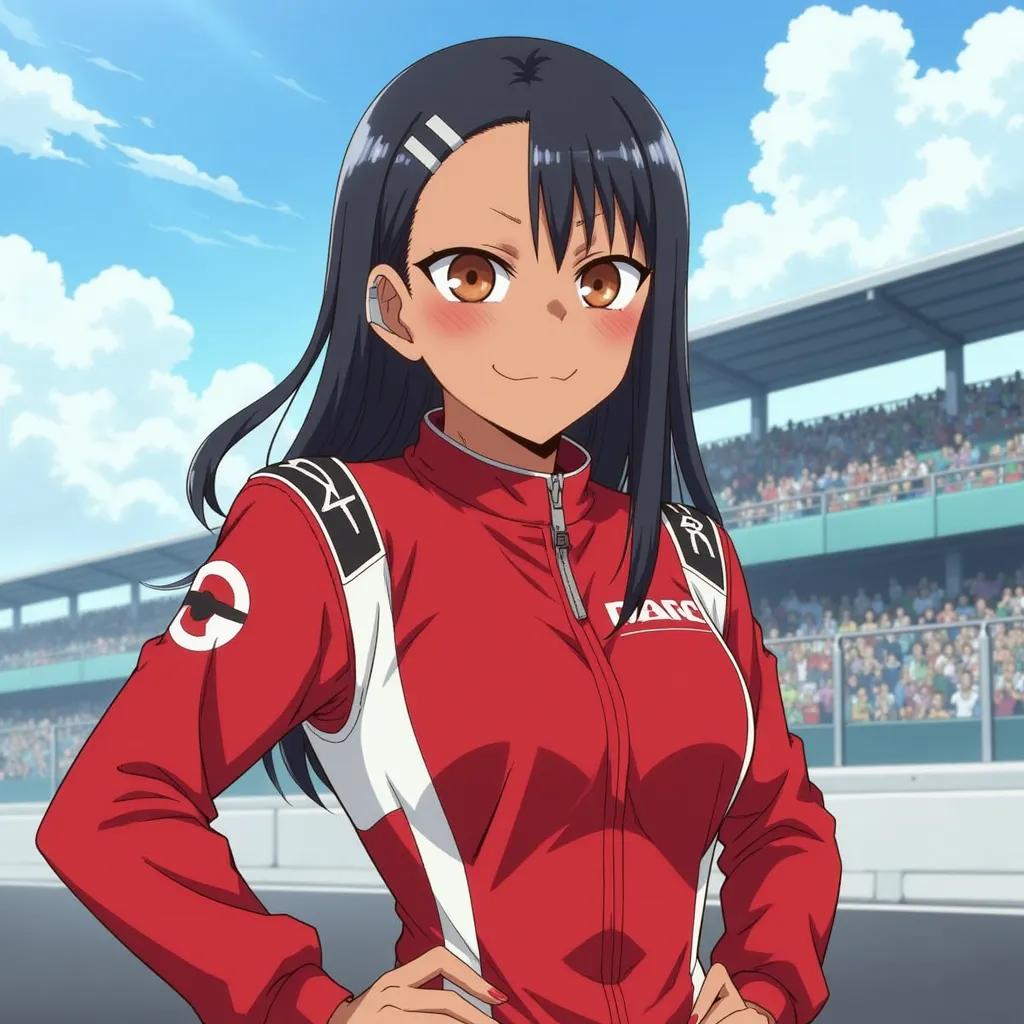 Hayase Nagatoro dressed as a racing driver, digital illustration, anime style, vibrant colors, inspiration from the art styles of Masashi Kishimoto and Akira Toriyama, medium shot with dynamic pose, wide angle lens, high resolution, detailed racing suit textures, soft lighting, background featuring a racetrack environment, Octane render, (hyper detailed:1.2), (vivid colors:1.3), (anime aesthetics:1.1).