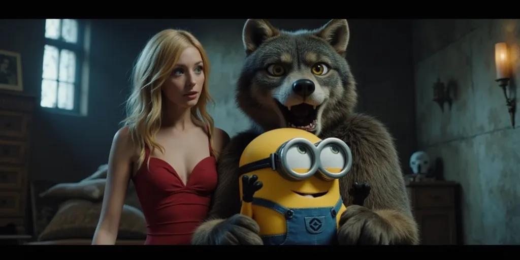 Wanda the werewolf holds Bob the minion