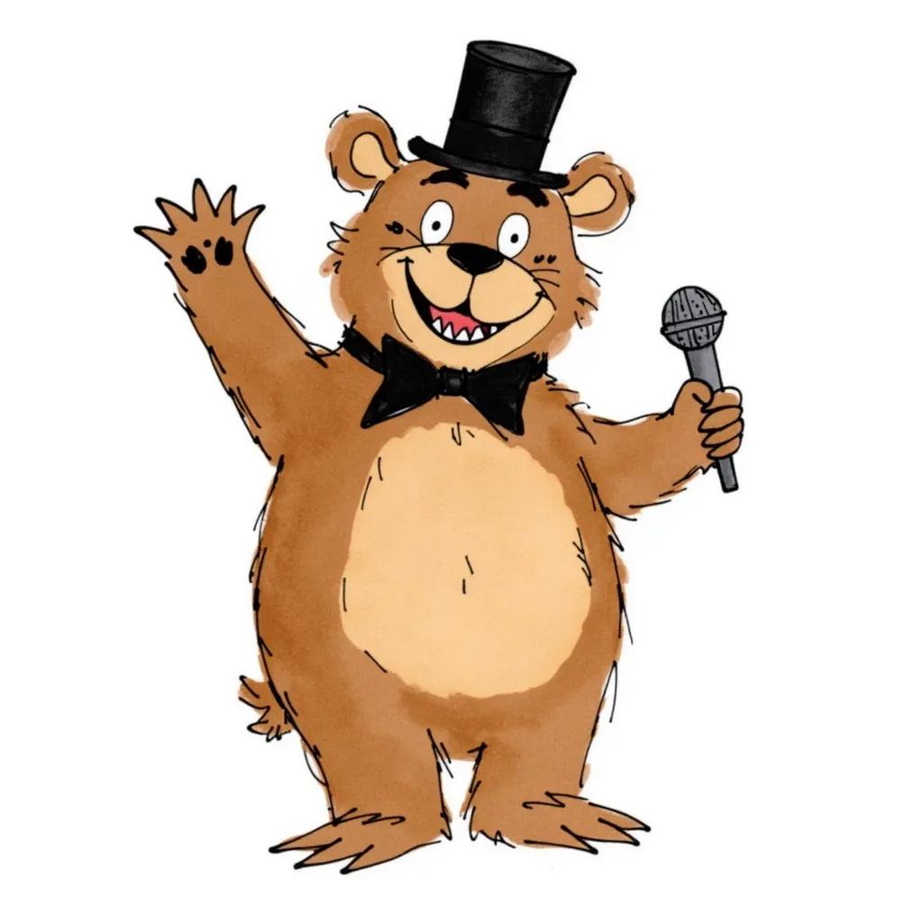 Loose line work, water color illustration of  a brown anthropomorphic bear. a brown bear with a lighter shade of brown on both his stomach and puffy muzzle. He wears a classy black top hat, black bow tie with a neck strap, and wields a microphone in his right hand. He has thick black eyebrows, three-toed feet, and three black freckles on both sides of his muzzle. On his palms and underneath his fingers, he has what appears to be paw-like prints. Freddy normally has a calm and friendly facial expression, with wide eyes and a big smile, charismatic yet creepy. In his jaws, he sports squarish, eerily human-like teeth in his lower jaw, and has no visible teeth on his upper jaw. His fur color is more desaturated, while the texture is more matted and scratchy.