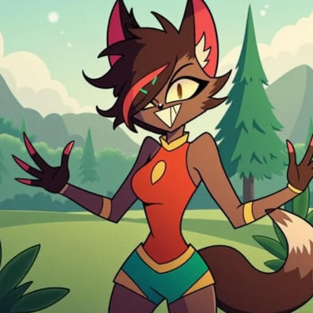 Everest is a demon wolf with beaver brown fur and has dark mint green short hair covering her left eye she has hazel eyes and wears a red-orange tang top with emerald green shorts