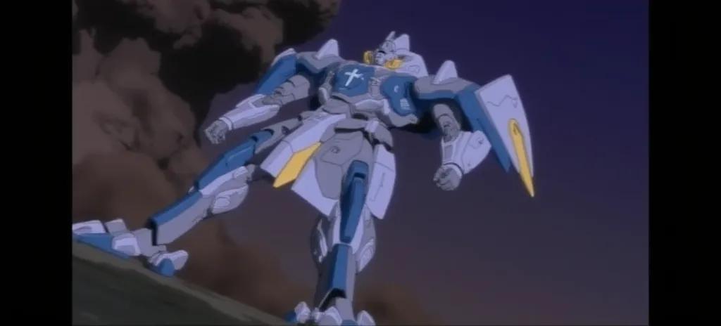 An anime-style mecha robot with a predominantly grey and blue color scheme, featuring angular armor plating and intricate mechanical details. The design includes a cross emblem on the chest and yellow accents on the sides. The robot is standing upright, showcasing its robust and imposing structure.