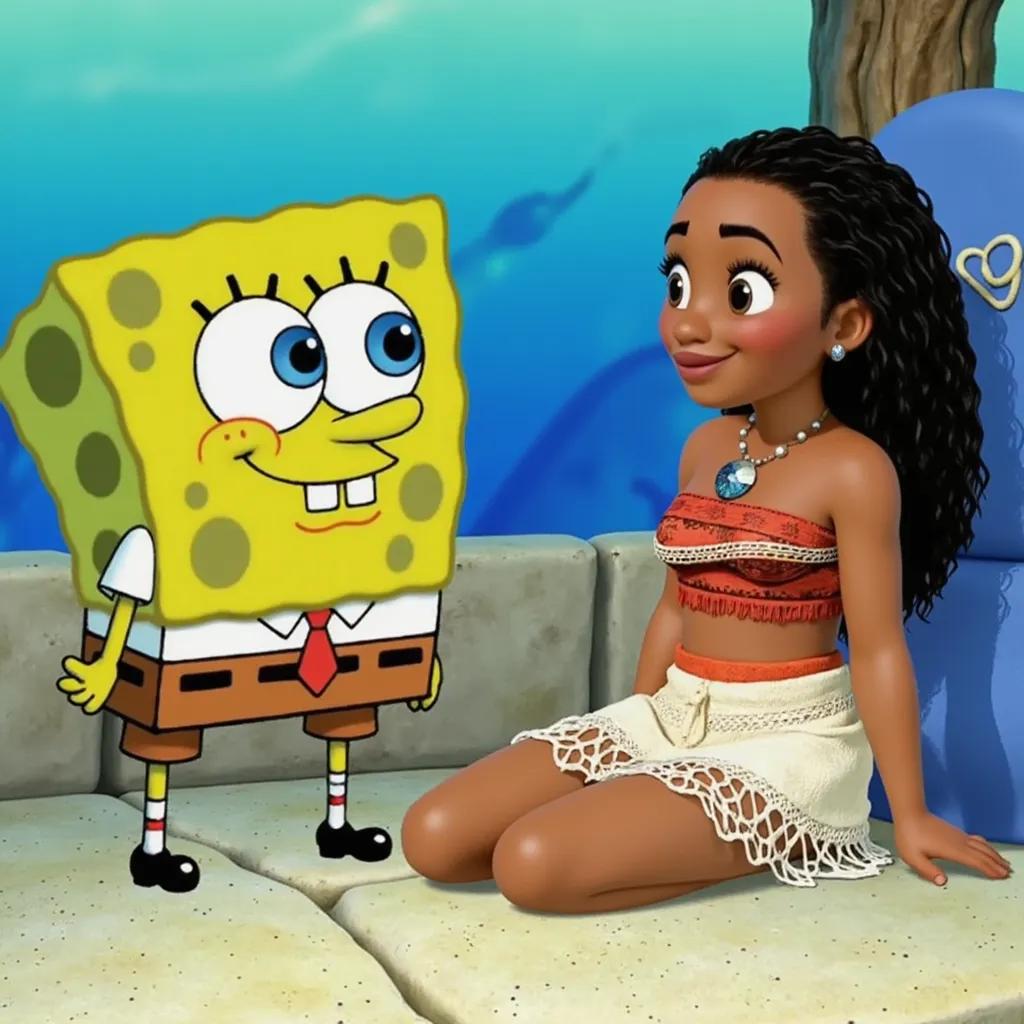 SpongeBob glances at Moana sitting