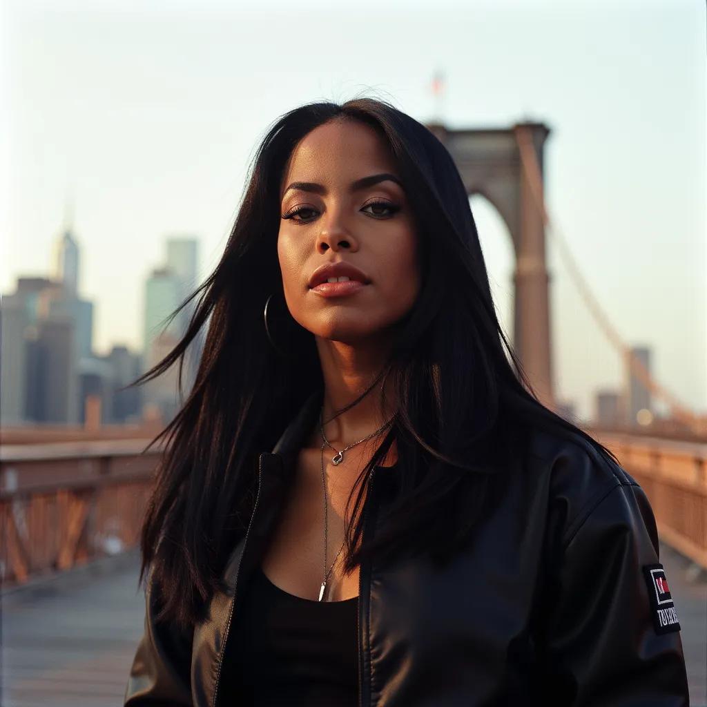 analogstyle, This is a high-quality photograph album cover of Aaliyah, She is posing on the brooklyn bridge with a contemplative expression. She is wearing urban streetwear, a tommy hillfiger jacket. The lighting is soft and natural, creating a dreamy, ethereal atmosphere. The image employs a shallow depth of field with a blurred background,  The photo likely uses a film camera, possibly a Leica M6, with settings around f/2.8, 1/125 sec, and ISO 400. The composition follows the rule of thirds, focusing on her face and atmosphere. the album text is called "Black Thorns" in Balmoral font