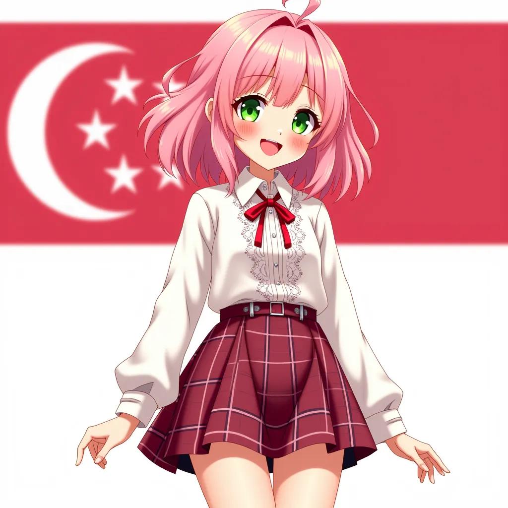 a girl is standing with a singapore flag in the background, 1girl, smile, bow, ahoge, pink hair, skirt, shirt, embroidered shirt, green eyes, plaid skirt,