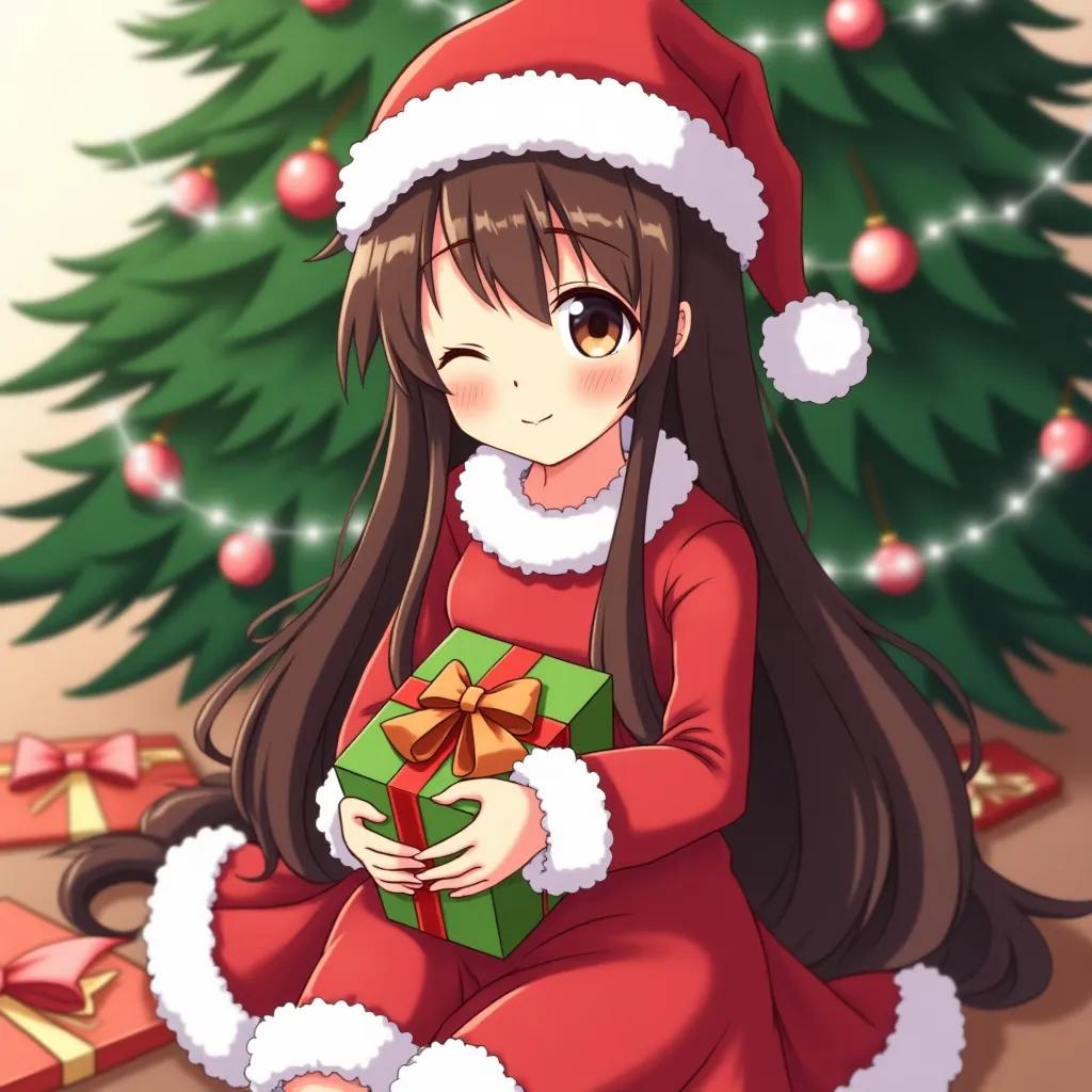 A cute mixed race anime girl with long brown hair and brown eyes, wearing a santa hat and winking, holding presents, sitting underneath a Christmas tree.