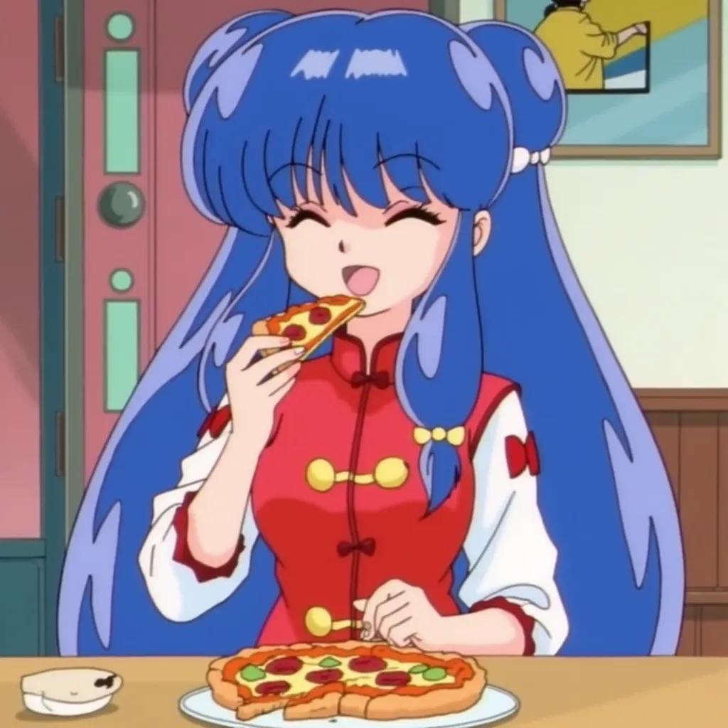 Shampoo from "Ranma 1/2" (1989) with long blue hair tied in a style with two buns. She wears a red and white traditional Chinese outfit with gold accents. Eating pizza. Happy. In a room. High quality.