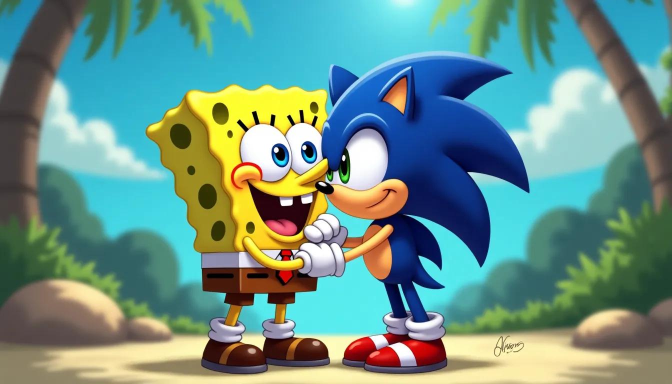 SpongeBob see Sonic and SpongeBob and Sonic become friends and in the end of the video SpongeBob hugs Sonic