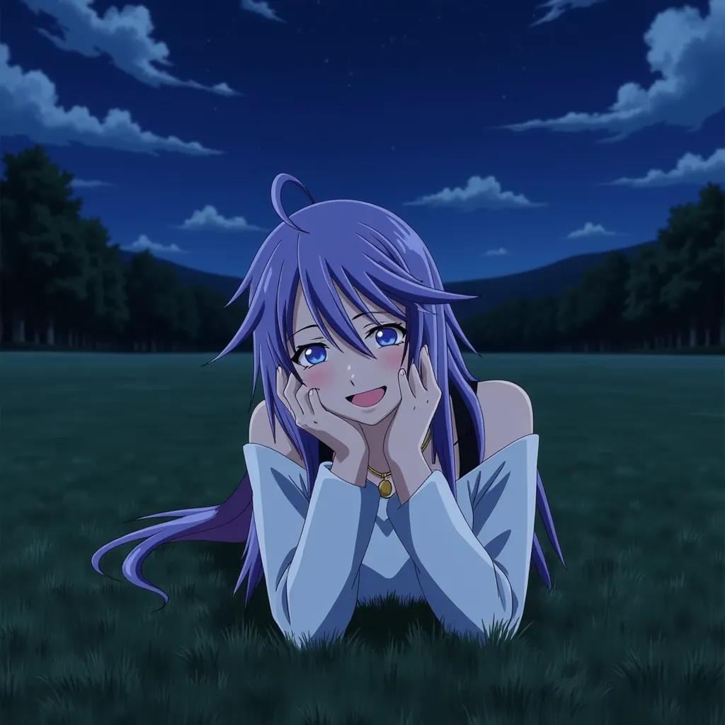 Mizore laying in  grassy field at night  and holding both of her hands on her face and smiling 