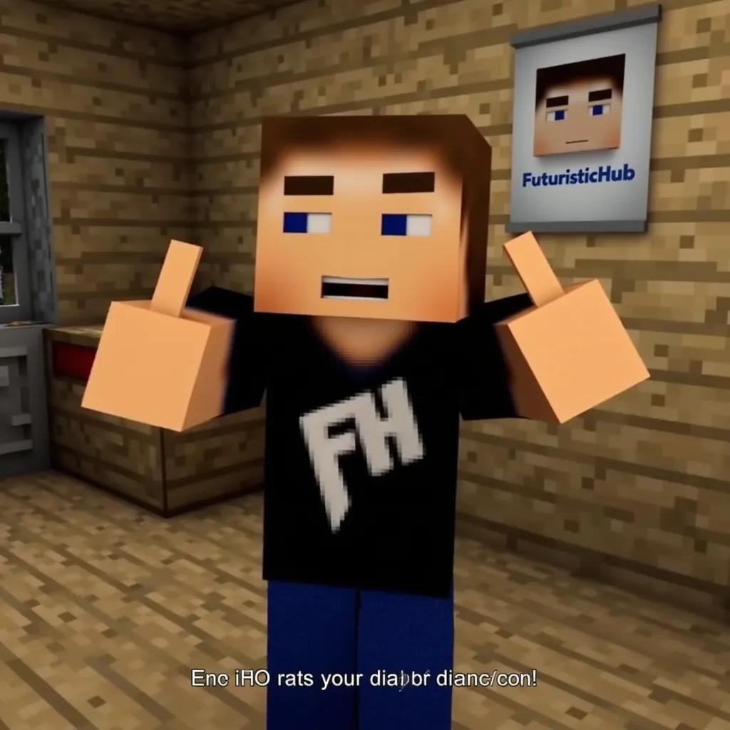 SteveFHO, a blocky, Minecraft-style character with brown hair and blue eyes. The character is wearing a black shirt with white letters "FH" and dark blue pants. It's holding up both thumbs up. The background is a wooden room which includes a poster with "FuturisticHub" showing a stylized face. The image includes website text and an invitation to engage with content.