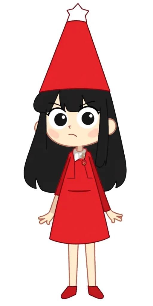 Trulli tales AI characters, black hair, red hat, red dress, angry expression, in white background, full body