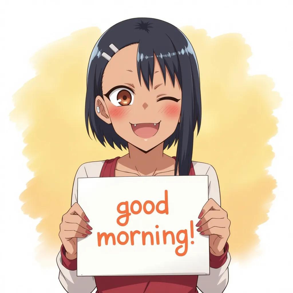 Hayase Nagatoro smiling, anime-style digital illustration, bright and cheerful atmosphere, inspired by the works of Hajime Isayama and Studio Ghibli, soft pastel colors, minimalistic background with gentle brush strokes, soft lighting, high resolution, character holding a sign saying "good morning" with a playful expression, medium shot, frontal view, vibrant and detailed.