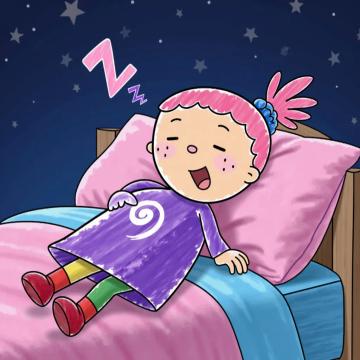 Pinky Dinky Doo (Season 2), a character with pink hair in a ponytail and a blue scrunchie , a purple dress with a swirl, red, yellow and green leggings, red shoes, peacefully sleeping in her bed, one hand on her tummy, mouth open as if snoring, under a starry night sky, Z's floating above her head, digital illustration, vibrant colors, cartoon style, inspired by classic children's book illustrations, soft light, dreamy and whimsical atmosphere, wide angle view, medium shot, highly detailed, fantasy vivid colors, 4K resolution.