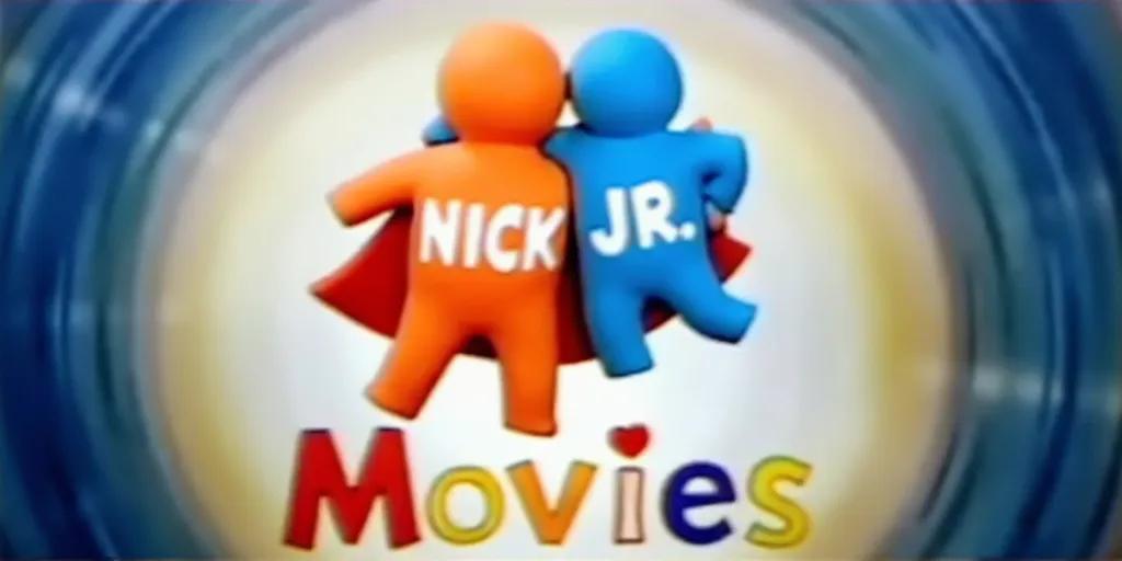 Nick Jr. Productions logo from 1999. The logo features two clay-like figures does the poses and wearing the superhero’s costumes, one orange with "NICK" and the other blue with "JR." on their backs, embracing each other. Below them is the word "Movies" in a playful, movie font. The background has a soft, swirling space design.