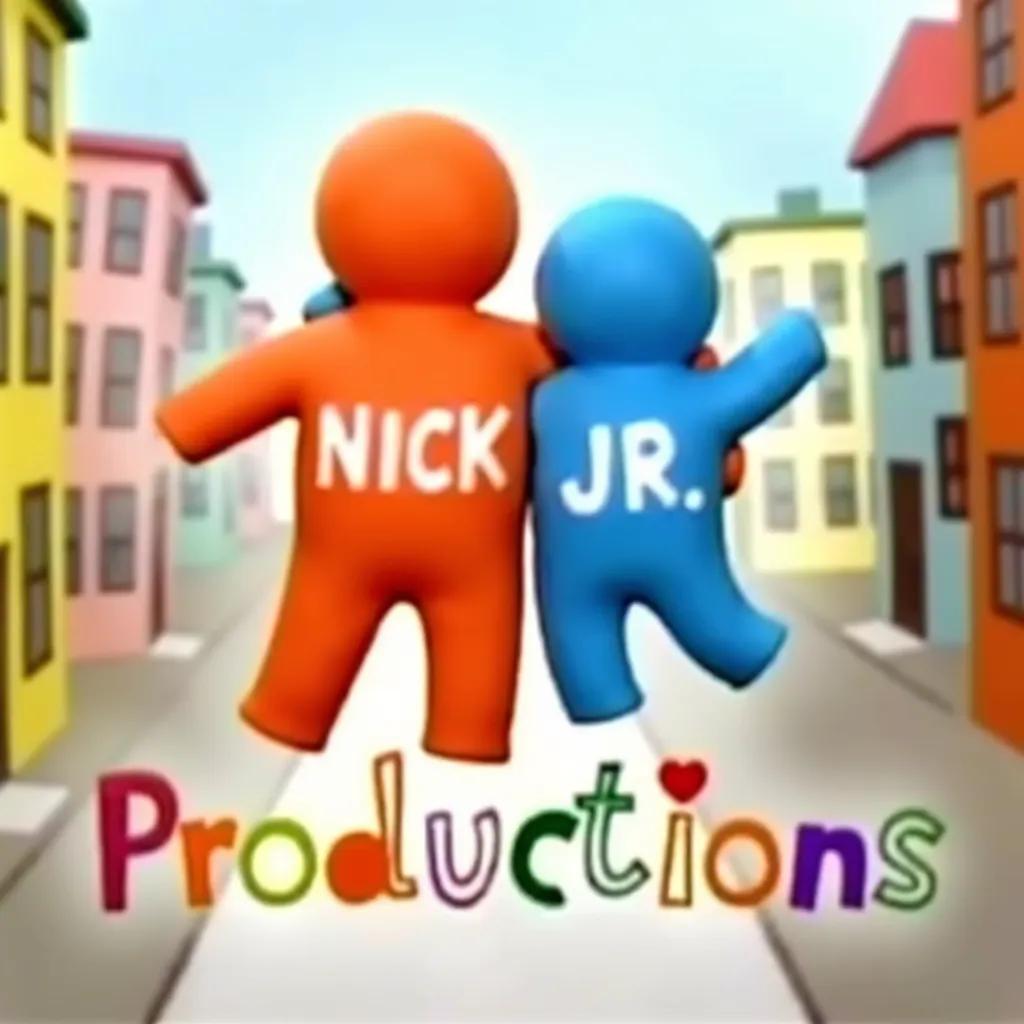 Nick Jr. Productions logo from 1999. The logo features two clay-like figures, one orange with "NICK" and the other blue with "JR." on their backs, embracing each other. Below them is the word "Productions" in a playful, colorful font. The background is a claymation New York.