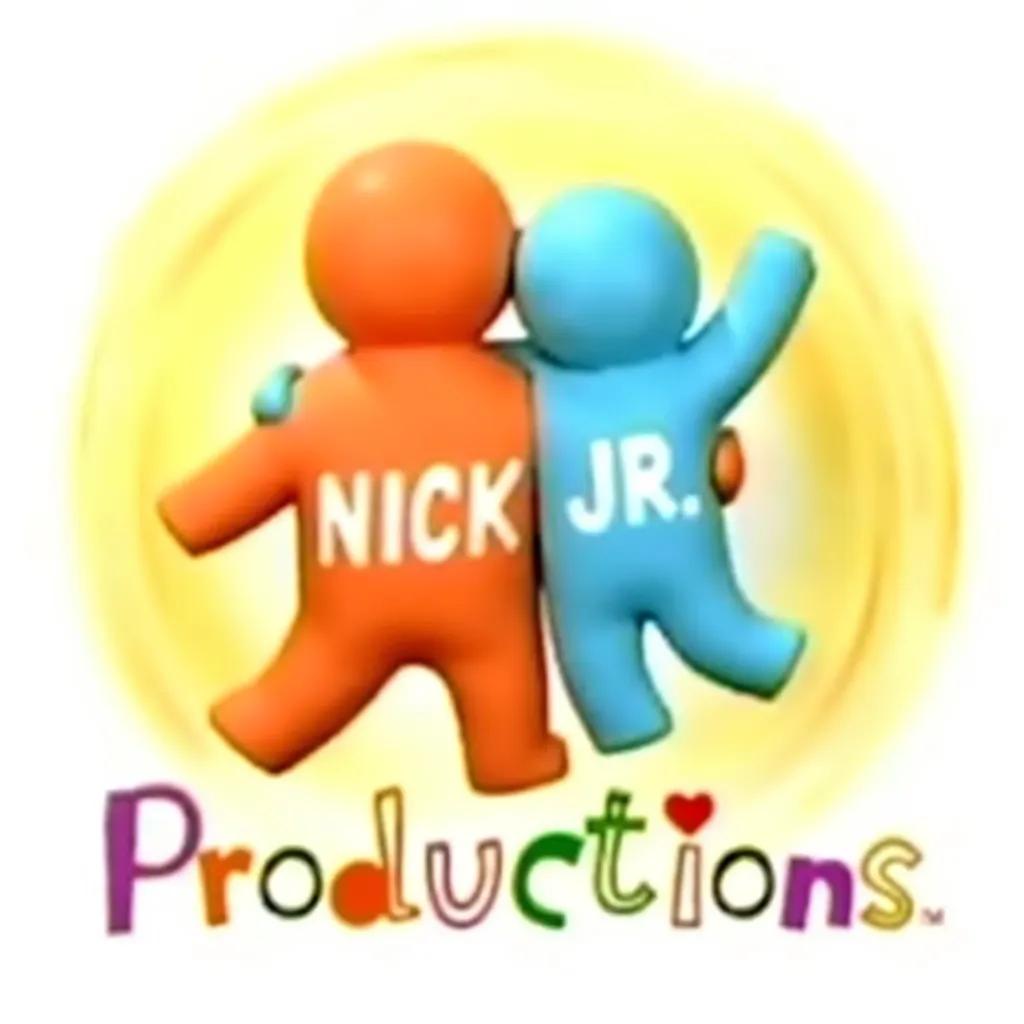 Nick Jr. Productions logo from 1999. The logo features two clay-like figures, one orange with "NICK" and the other blue with "JR." on their backs, embracing each other. Below them is the word "Productions" in a playful, colorful font. The background has a soft, swirling yellow design.