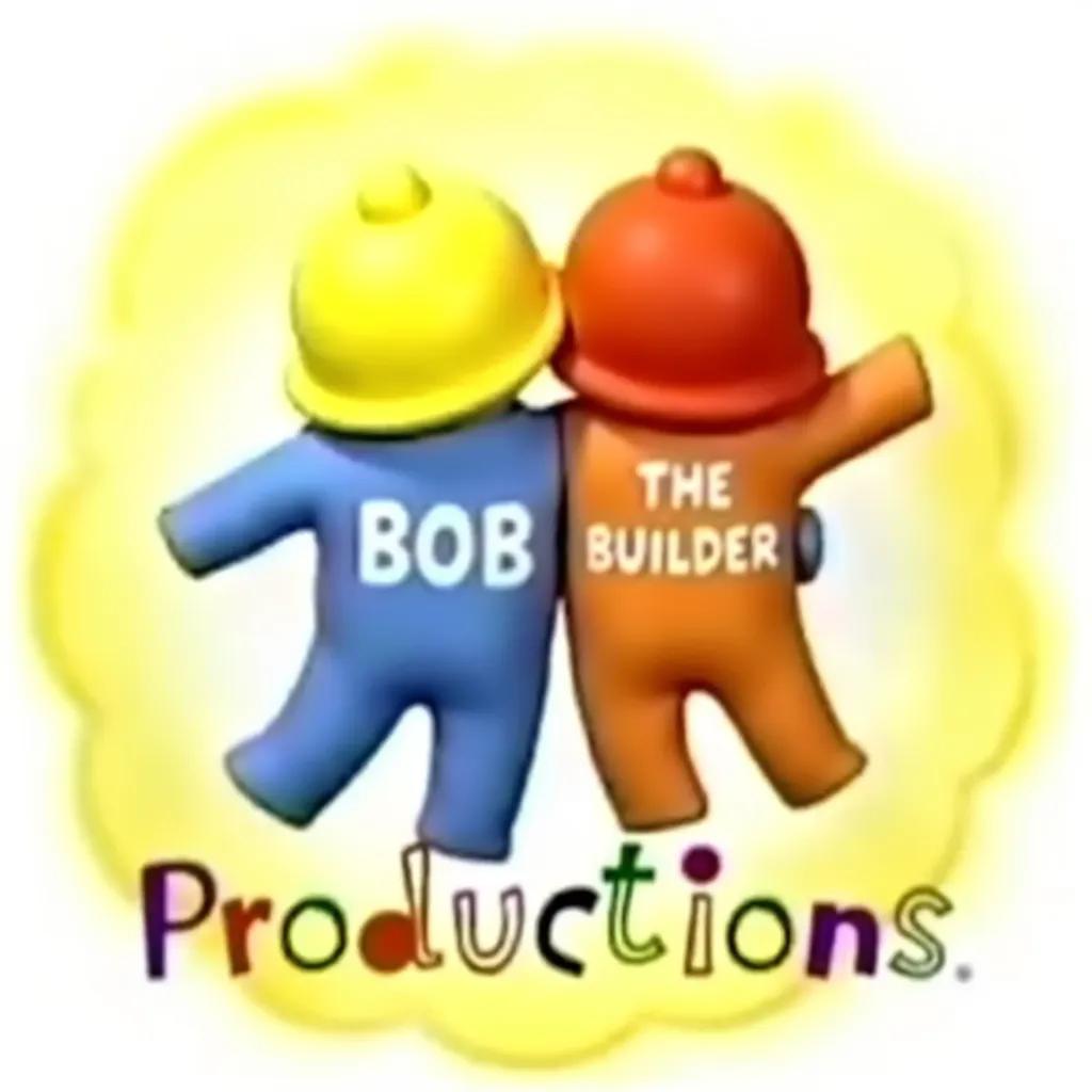 Nick Jr. Productions logo from 1999. The logo features two clay-like figures, one bob The builder with "BOB" and the other bob the builder with "THE BUILDER" on their backs, embracing each other. Below them is the word "Productions" in a playful, colorful font. The background has a soft, swirling yellow design.