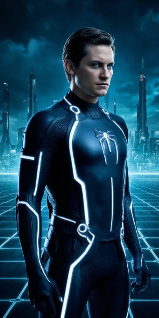 peteremo Emo Peter Parker, wearing tron suit, tron2 style, science fiction, neon