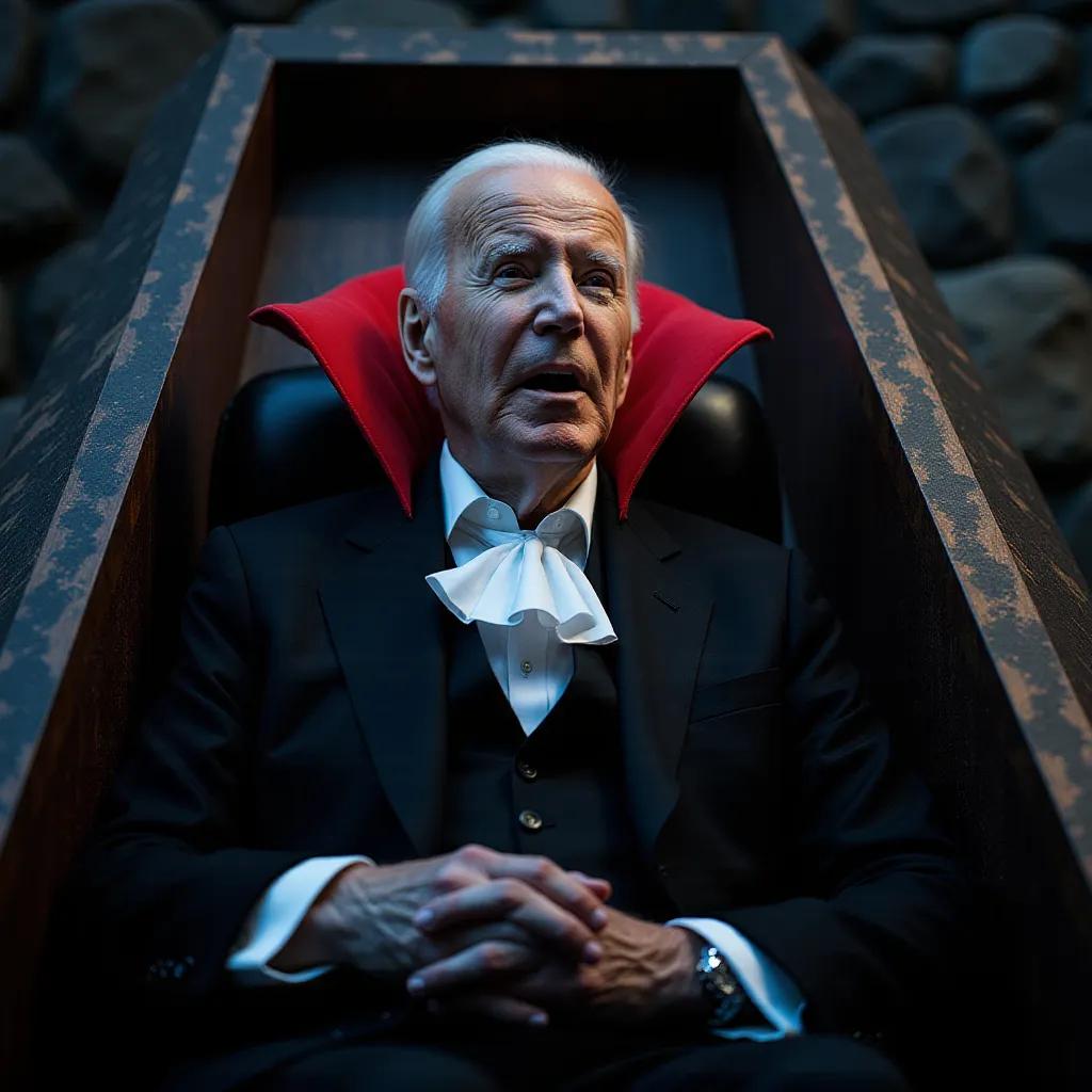 Joe Biden dressed as a vampire, pale face, sleeping in a coffin 