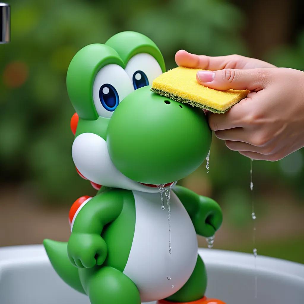 Yoshi  being washed, with water streaming down its face. A person's hands are gently scrubbing its forehead with a yellow car wash sponge . . The background is a blurred greenery.