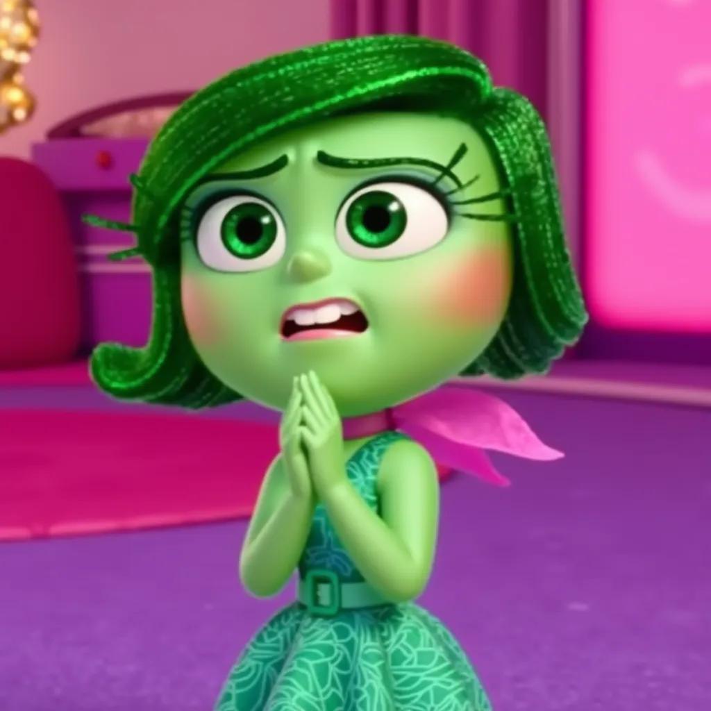 A character from the animated movie "Inside Out" named Disgust. She is depicted with bright green skin and short, green hair. She is wearing a green dress with an intricate swirl design and has a pink scarf around her neck. The background features pink and purple tones.