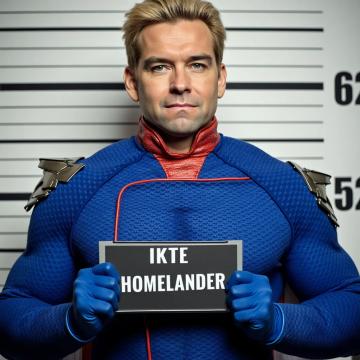 Homelander blue superhero suit criminal mugshot. Holding sign with his name Homelander