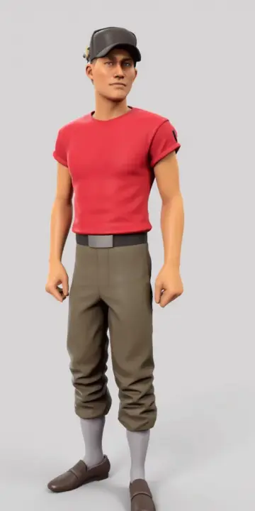 mk1, 3d render, plain background, Scout, red shirt, baseball hat