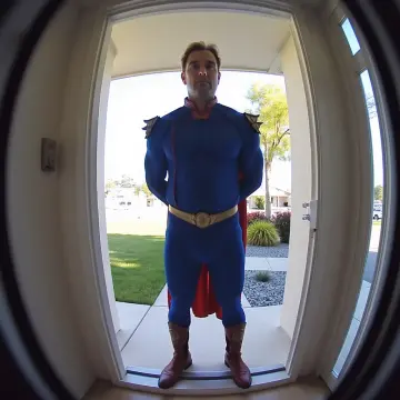 real life doorbellCam door bell camera capturing front view of Homelander blue superhero suit, standing with his hands behind his back, facing the camera, with a front-facing view of his body and looking directly at the lens.