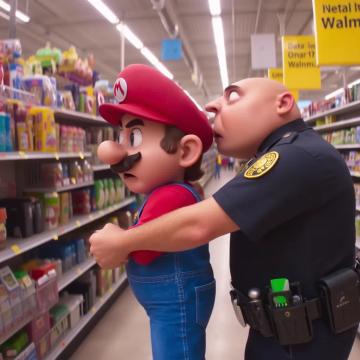 An animated Mario in the style of 'Illumination' films, dressed in his classic red hat and blue overalls, being arrested by a real-life police officer inside a Walmart. The environment is a realistic Walmart interior, with shelves stocked with products, bright fluorescent lighting, and shoppers in the background looking surprised or confused. Mario's expression is a mix of shock and resignation, while the police officer firmly holds his arm. The contrast between Mario's vibrant animated style and the realistic Walmart setting creates a striking visual juxtaposition.